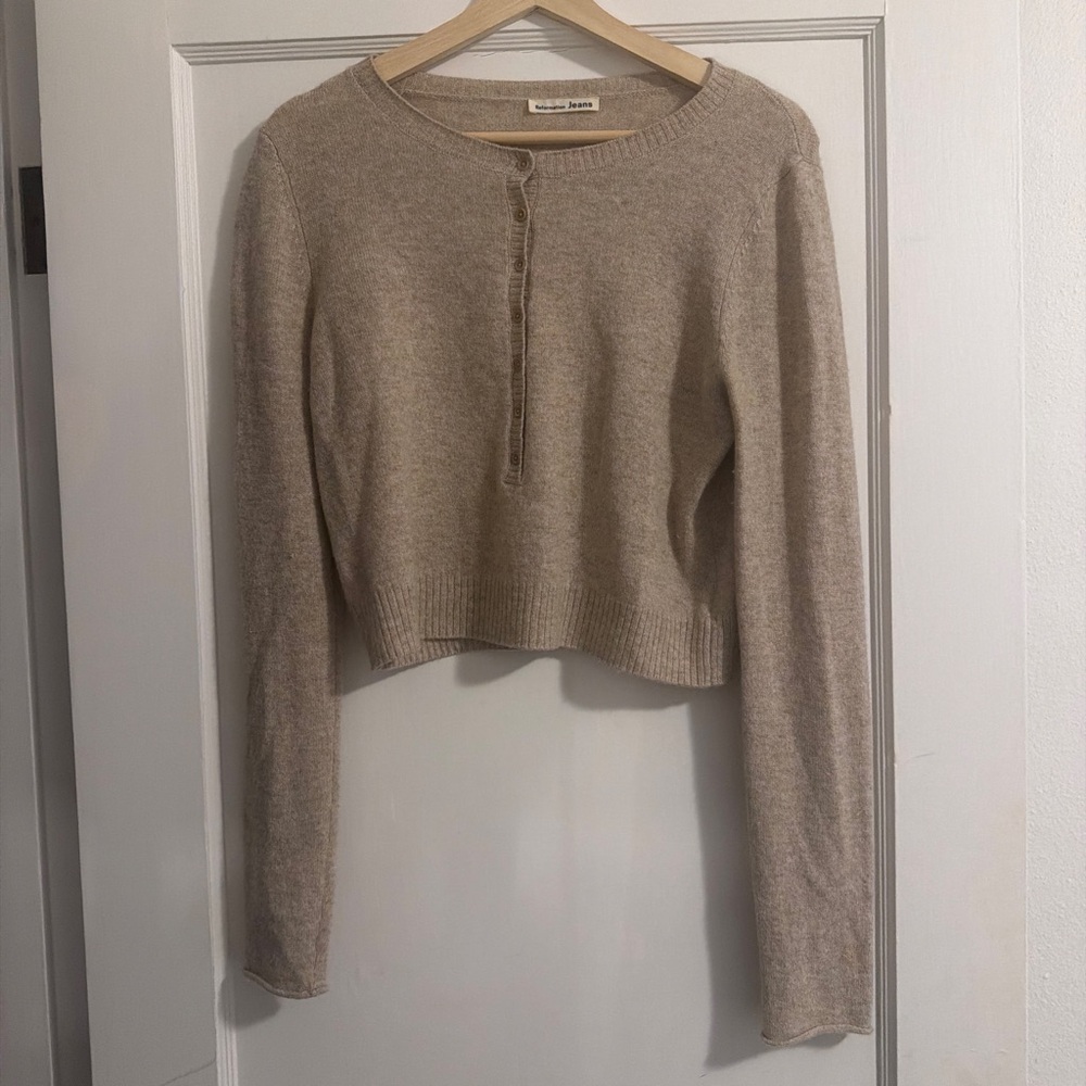 Reformation Neutral Beige Button-Down Cropped Sweater